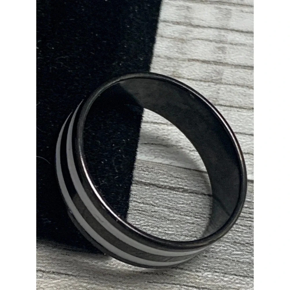 Black Band Ring with Double White Enamel Stripes Size 10.25 Modern Minimalist